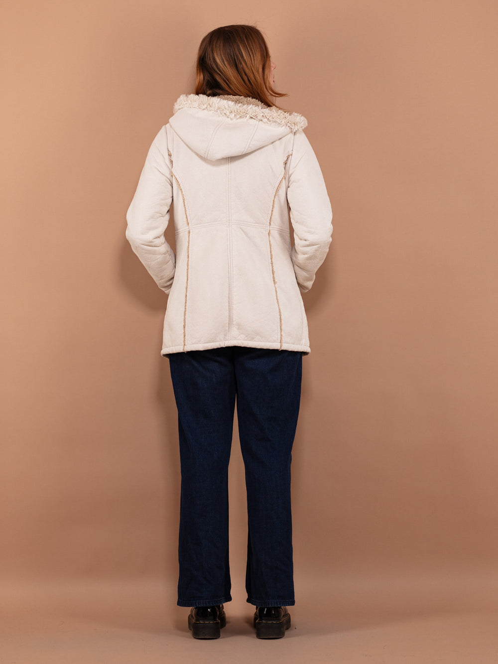 Vintage 90's Women Hooded Sherpa Coat in White - NorthernGrip