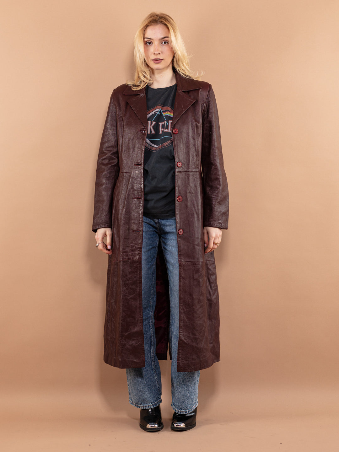 Longline Leather Coat 90s, Size XS Burgundy Leather Maxi Coat, Retro Women Coat, Vintage Women Outerwear, Timeless Coat, NorthernGirlStore