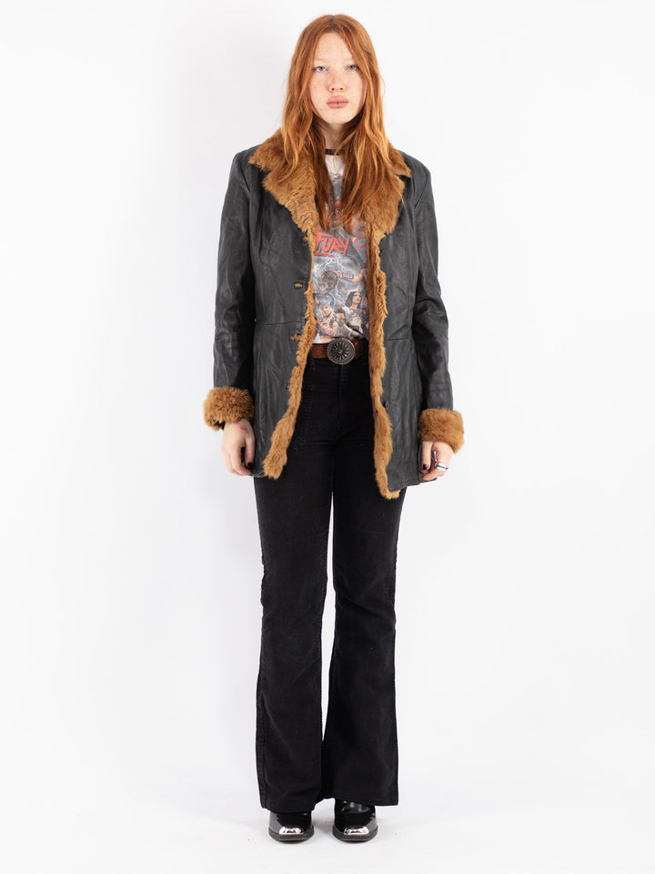 Vintage 90's Women Leather Coat in Black