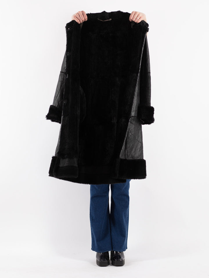 Vintage 90's Women Leather Coat in Black