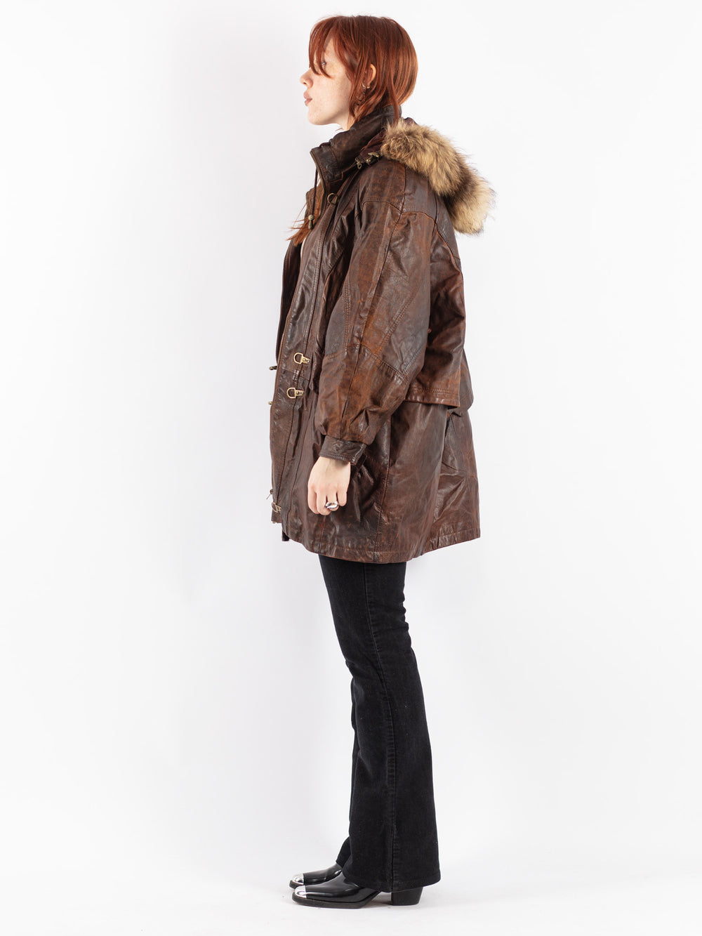 Vintage 90's Women Leather Coat in Brown