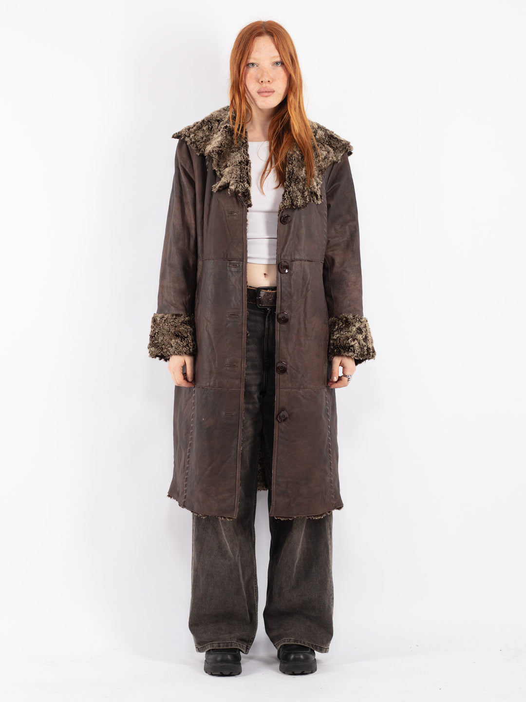 Vintage 90's Women Leather Coat in Brown