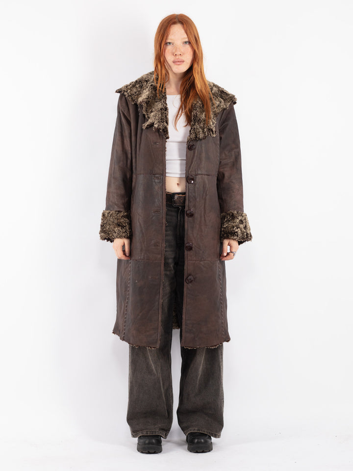 Vintage 90's Women Leather Coat in Brown