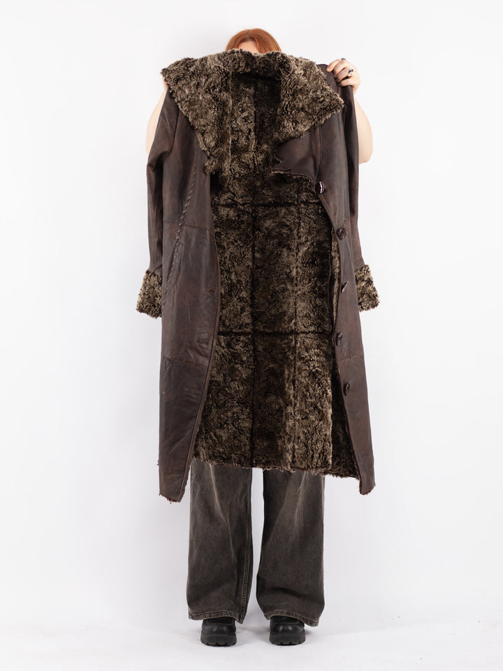 Vintage 90's Women Leather Coat in Brown