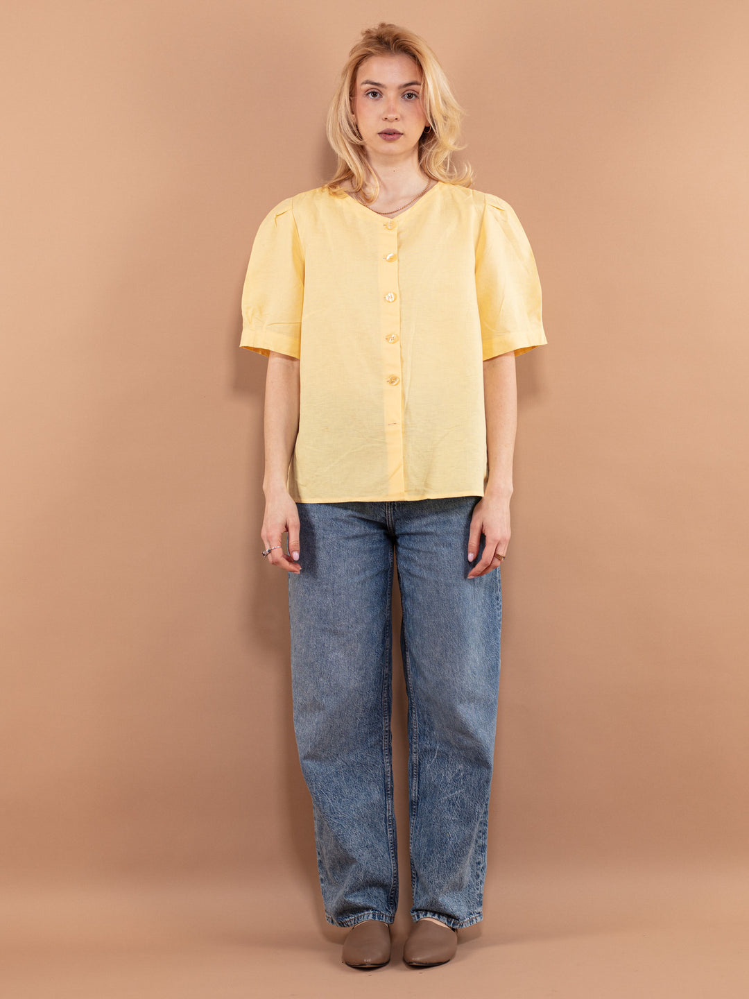 Yellow Linen Top, Size L, Linen Blend Blouse, Loose Linen Shirt, Puff Short Sleeve Top, Linen Clothing, Vintage Top, Cottagecore Top