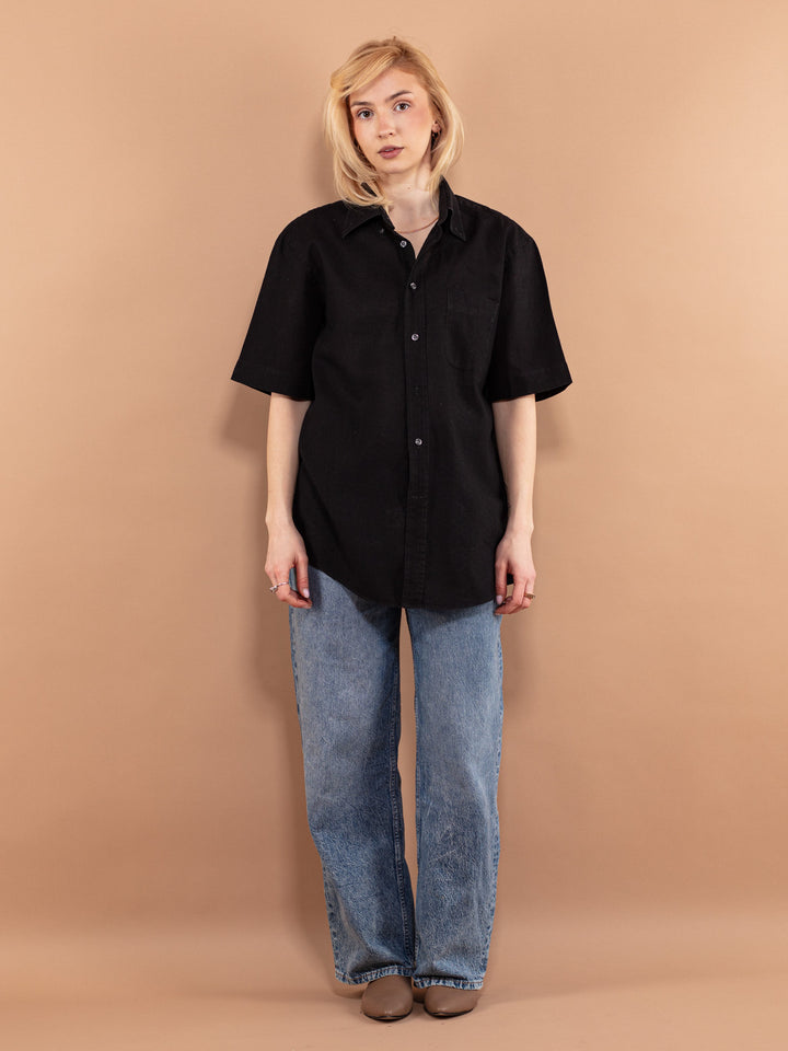 Black Linen Blend Shirt, Size L, Vintage Linen Shirt, Black Linen Top, Classic Linen Shirt, Womens Clothing, Gothic Linen Top, Short Sleeve