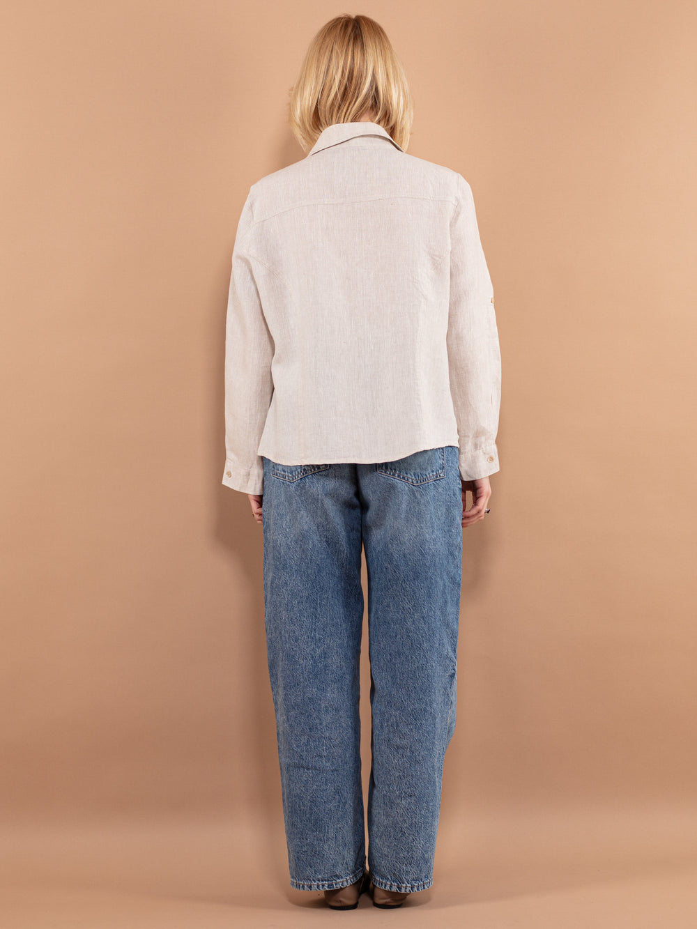 Vintage 90's Women Linen Shirt in Beige White - NorthernGrip