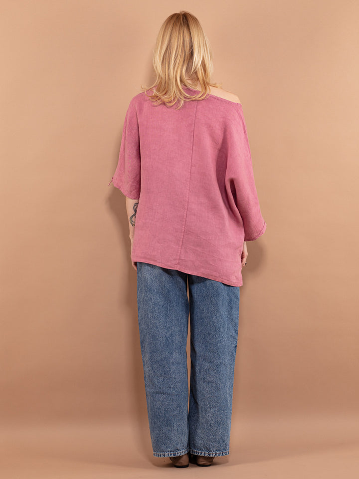 Pink Linen Top, Size XL, Oversized Linen Shirt, Loose Linen Top, Vintage Clothing, Pure Linen Top, Natural Linen Blouse, Womens Clothing