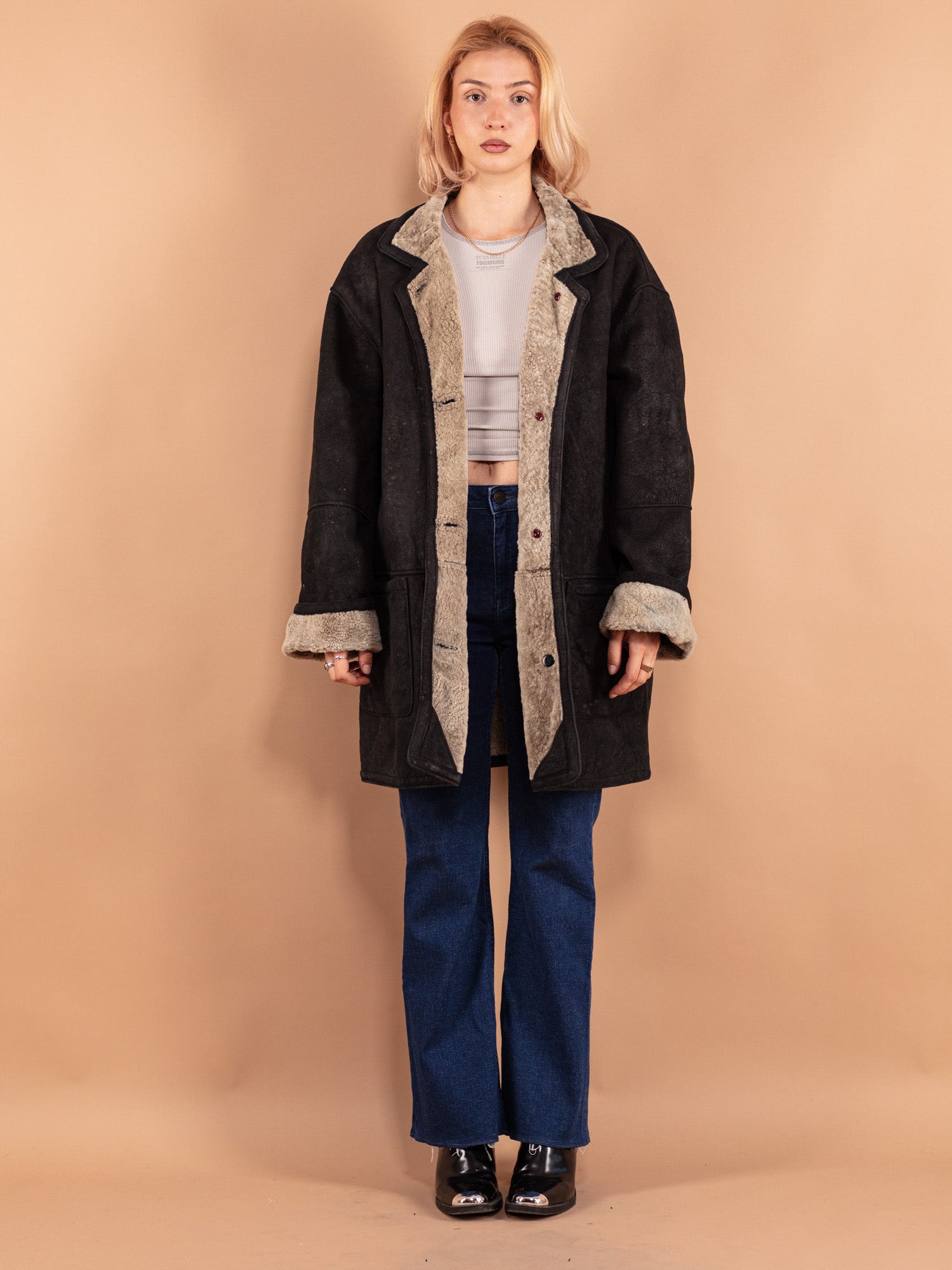 Black sheepskin coat ladies on sale