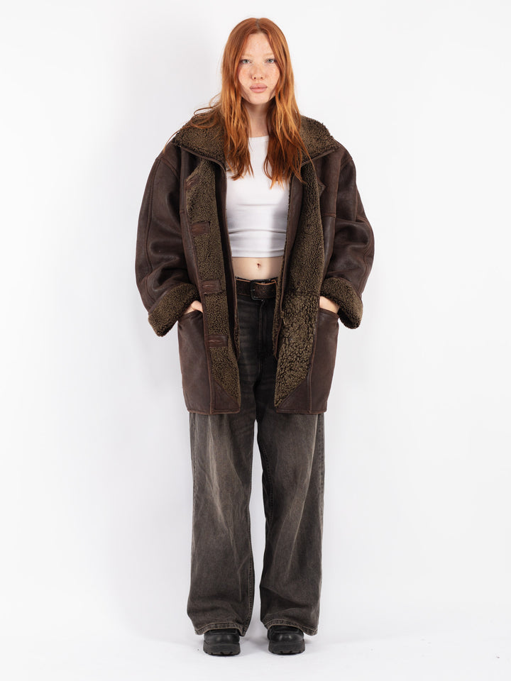Vintage 90's Women Sheepskin Coat in Brown