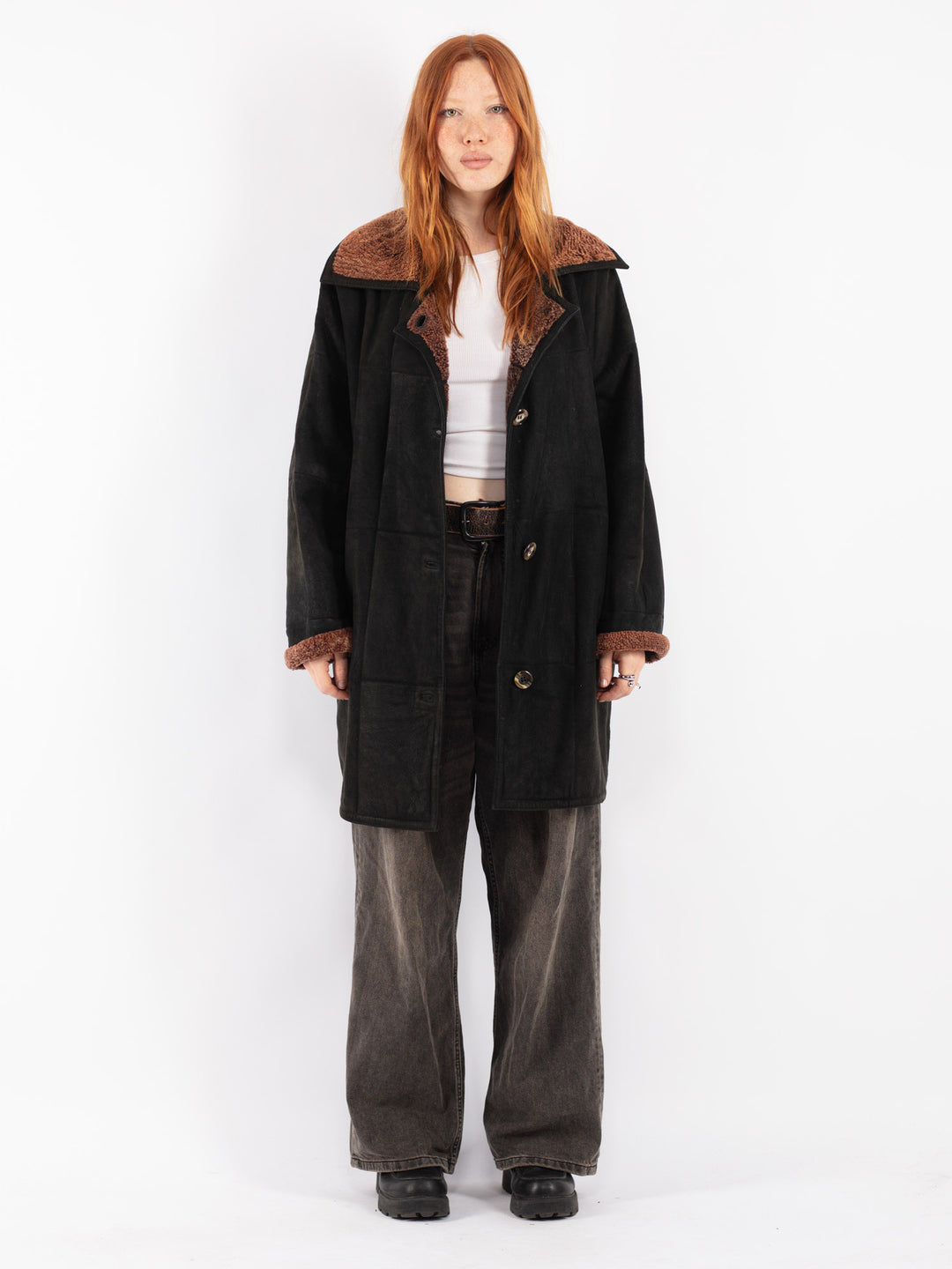 Vintage 90's Women Sheepskin Coat in Black