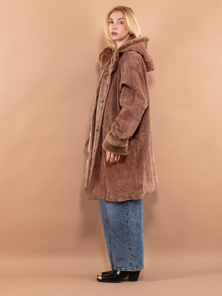 Oversized Suede Sherpa Coat 90's, Size XXL Large, Vintage Women Button Up Suede Coat, Faux Shearling Coat, Boho Western Style Outerwear