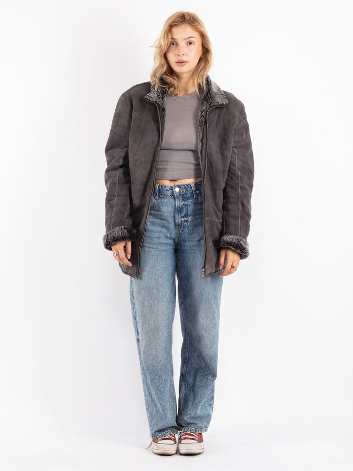 Vintage 90's Women Shearling Coat in Gray
