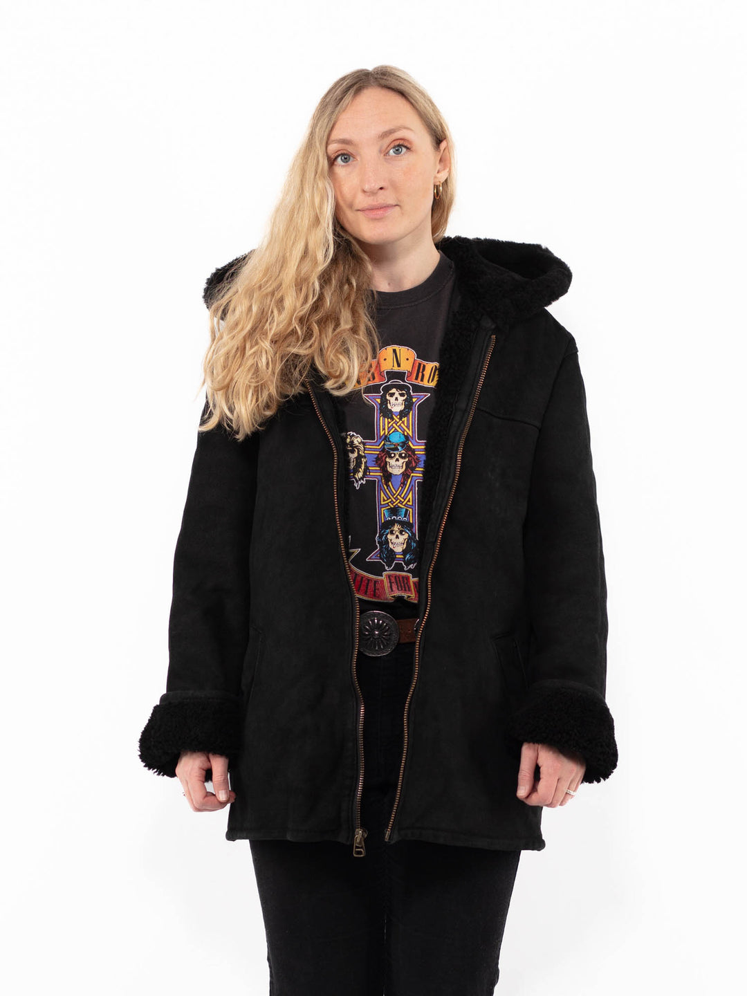 Vintage 90's Women Sheepskin Shearling Coat in BlackA0880