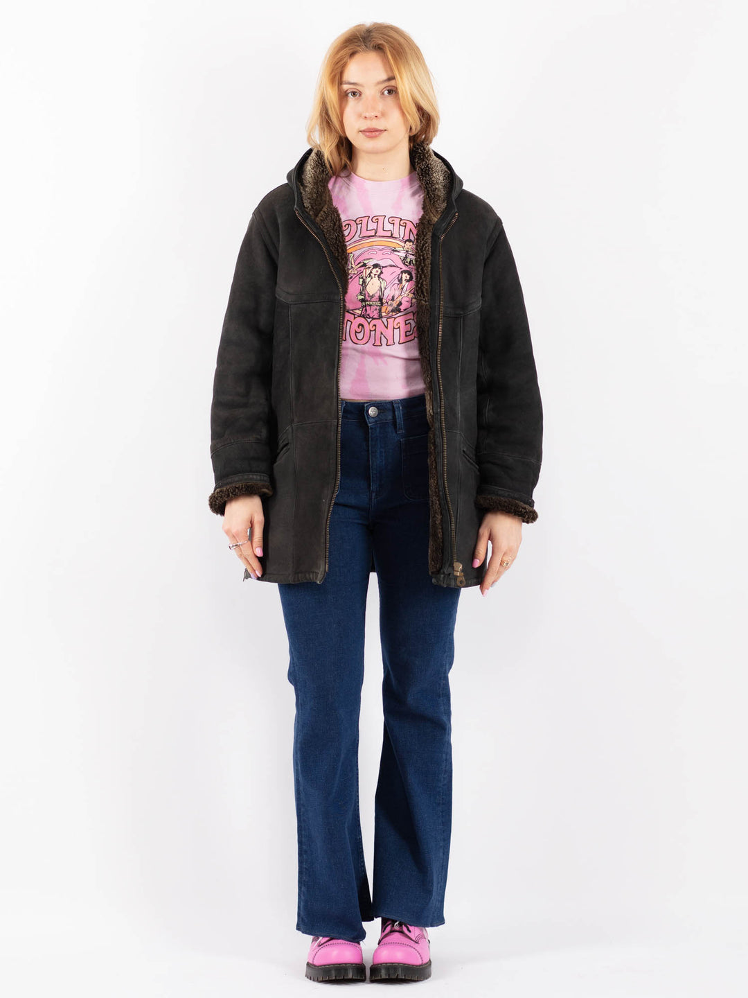 Vintage 90's Women Sheepskin Shearling in BlackV9544