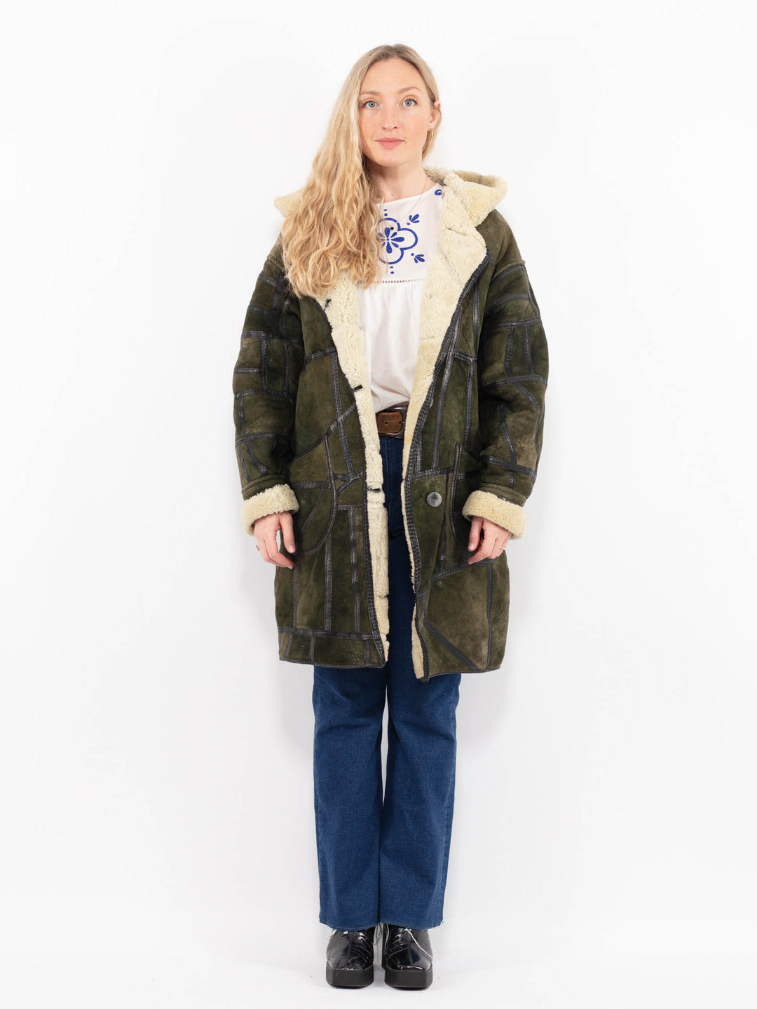 Vintage 90's Women Sheepskin Coat in GreenA0984