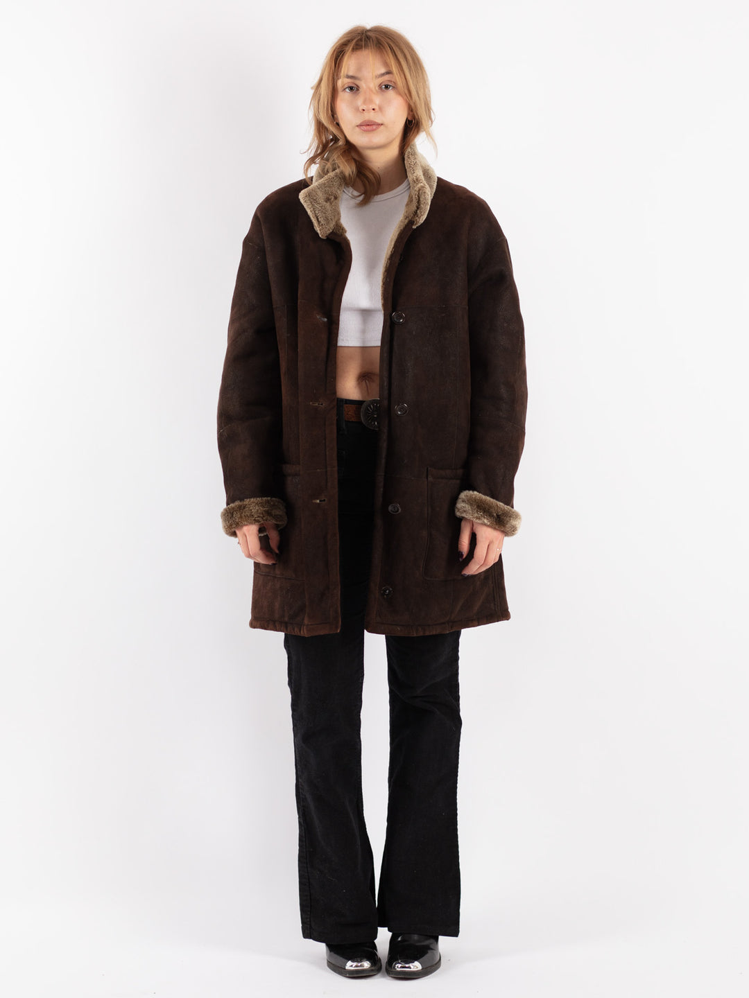 Vintage 90's Women Sheepskin Coat in Brown