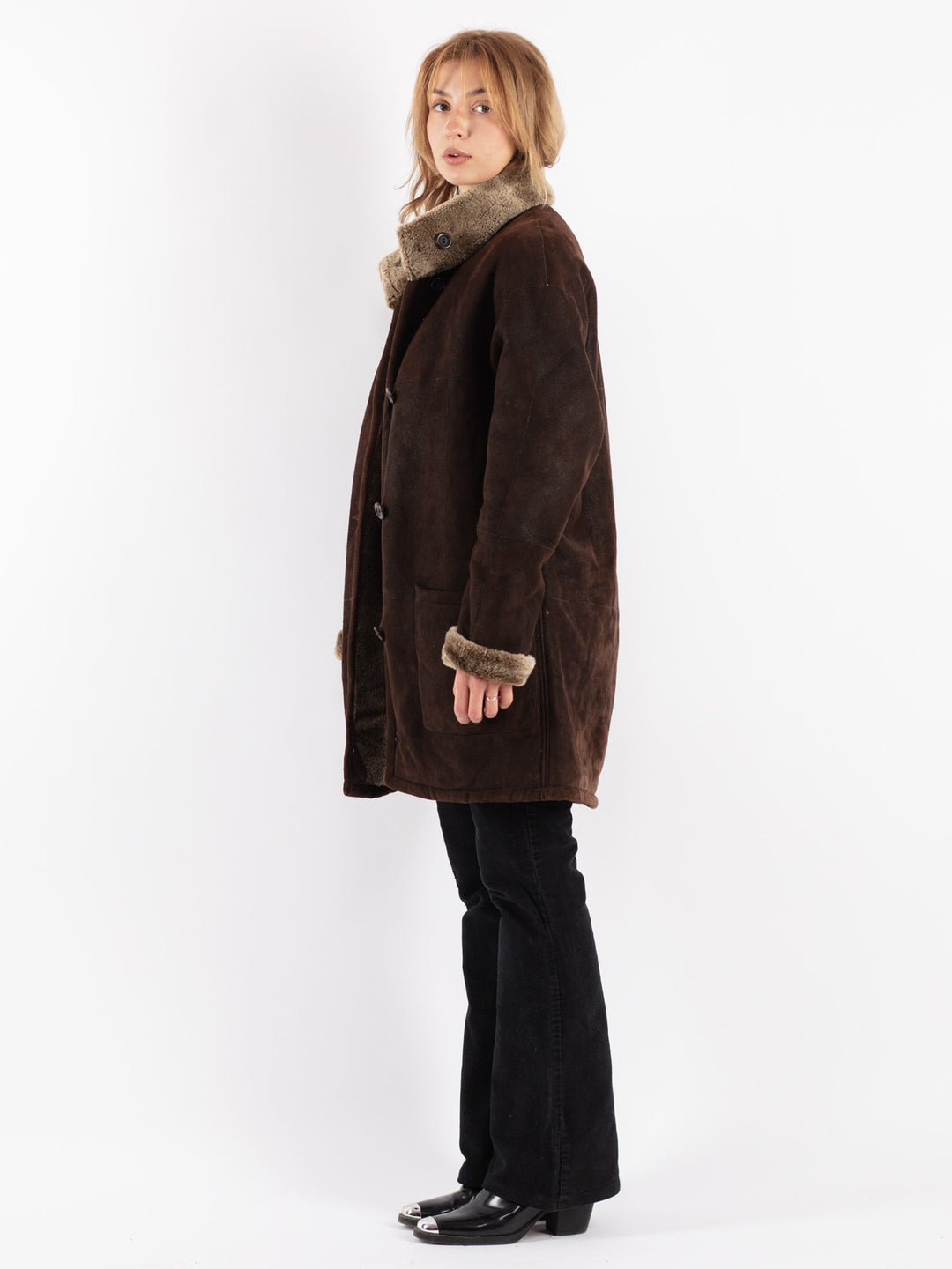 Vintage 90's Women Sheepskin Coat in Brown