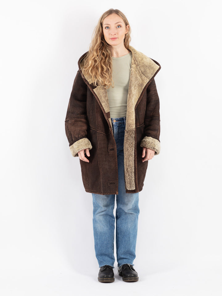 Vintage 90's Women Sheepskin Shearling Coat in Brown