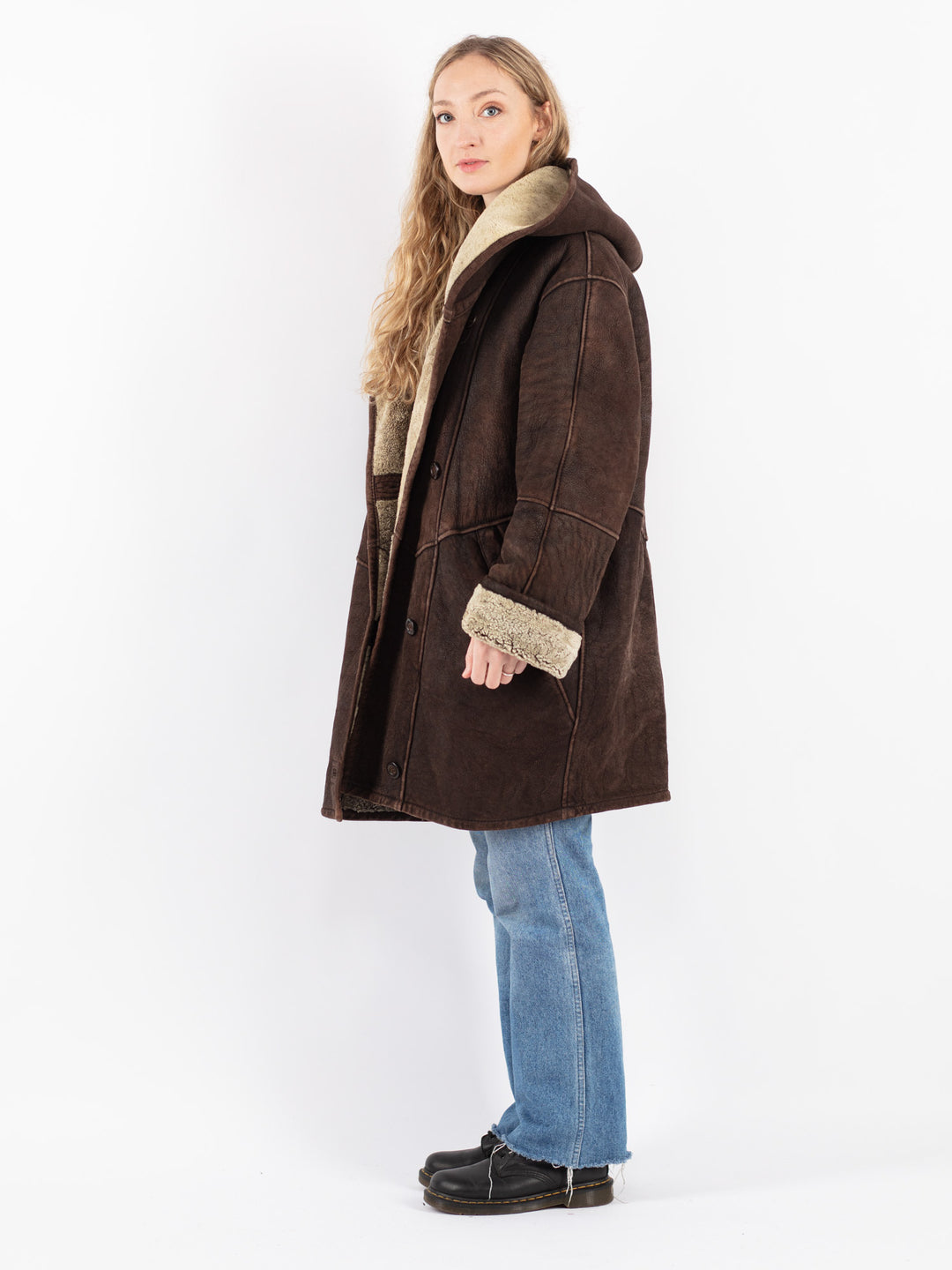 Vintage 90's Women Sheepskin Shearling Coat in Brown