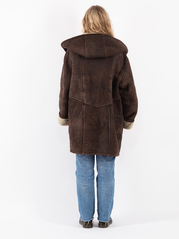 Vintage 90's Women Sheepskin Shearling Coat in Brown