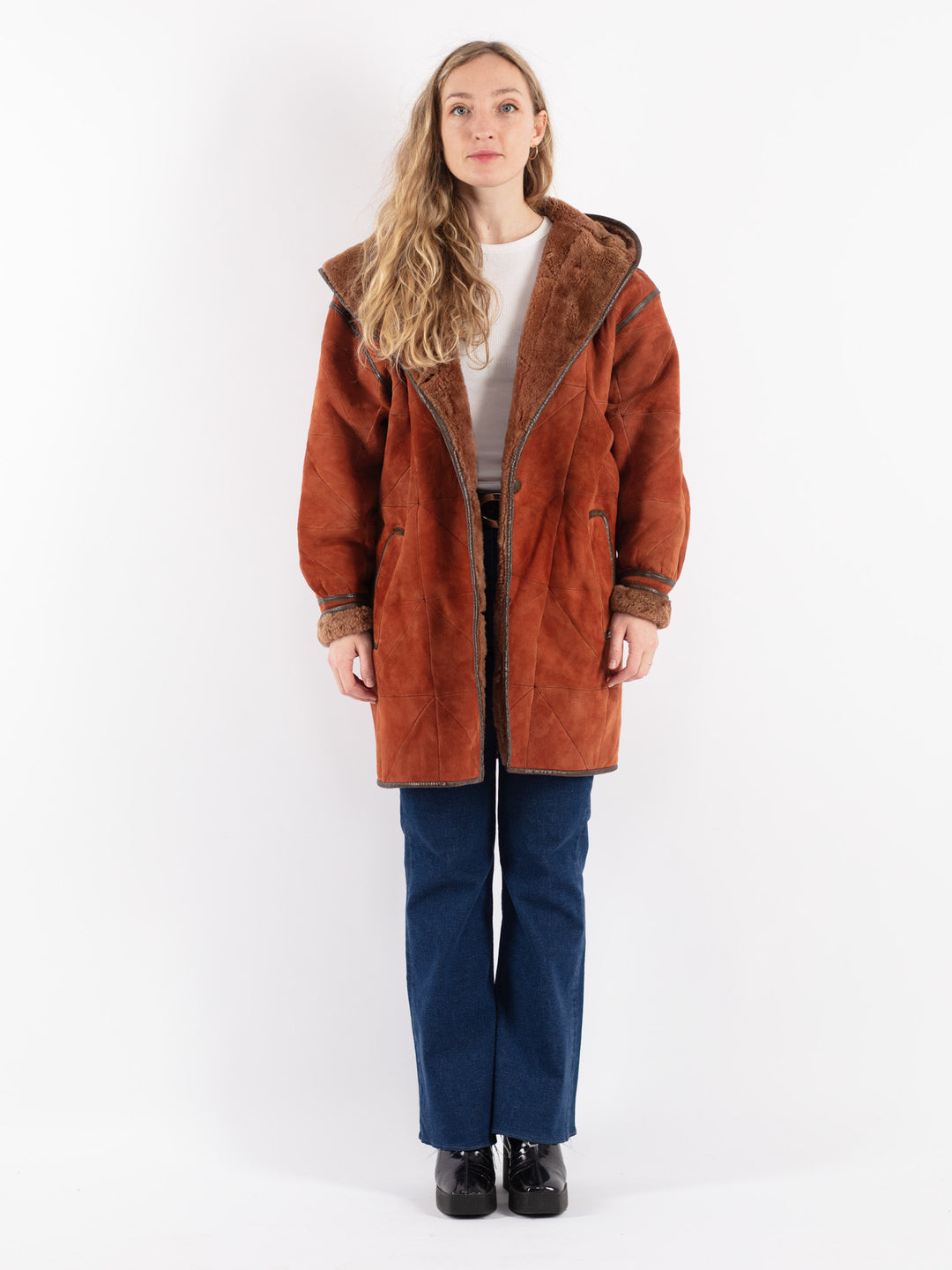 Vintage 90's Women Sheepskin Coat in Orange