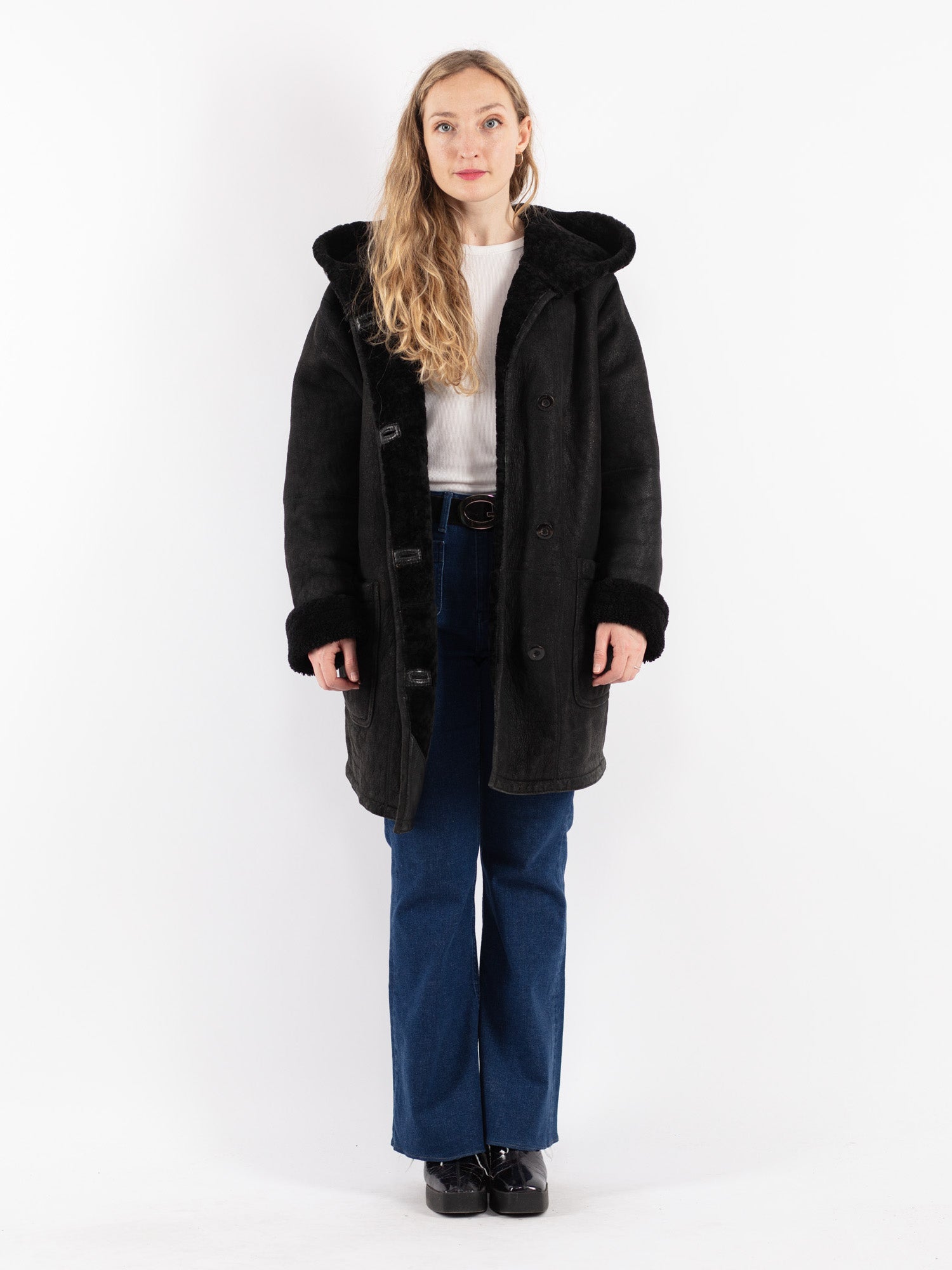 Sheepskin Shearling Coat vintage 90's women shearl black suede warm winter outerwear casual vintage sustainable fashion size outlet extra large XL