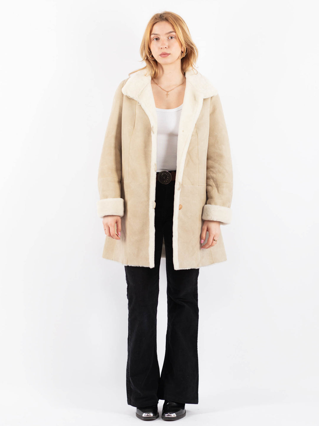 Vintage 90's Women Sheepskin Coat in BeigeV9658