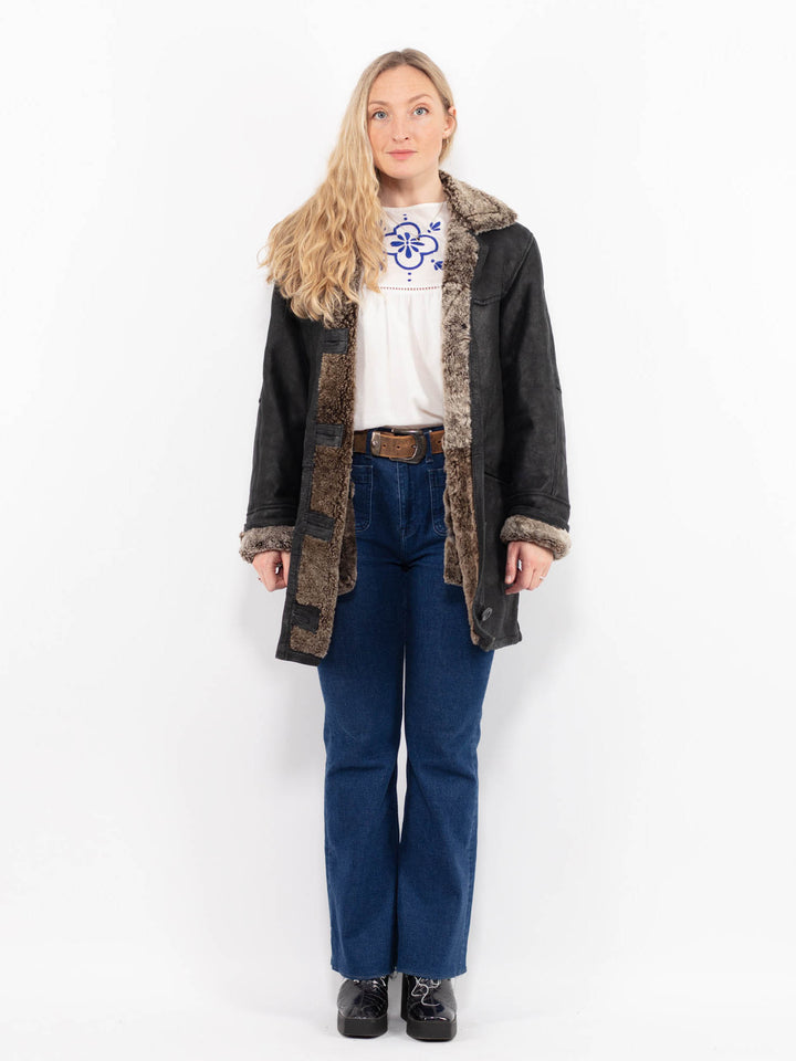 Vintage 90's Women Sheepskin Shearling Coat in BlackA1004