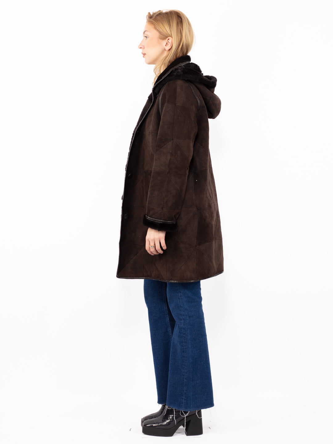 Vintage 90's Women Hooded Sheepskin Coat in Brown