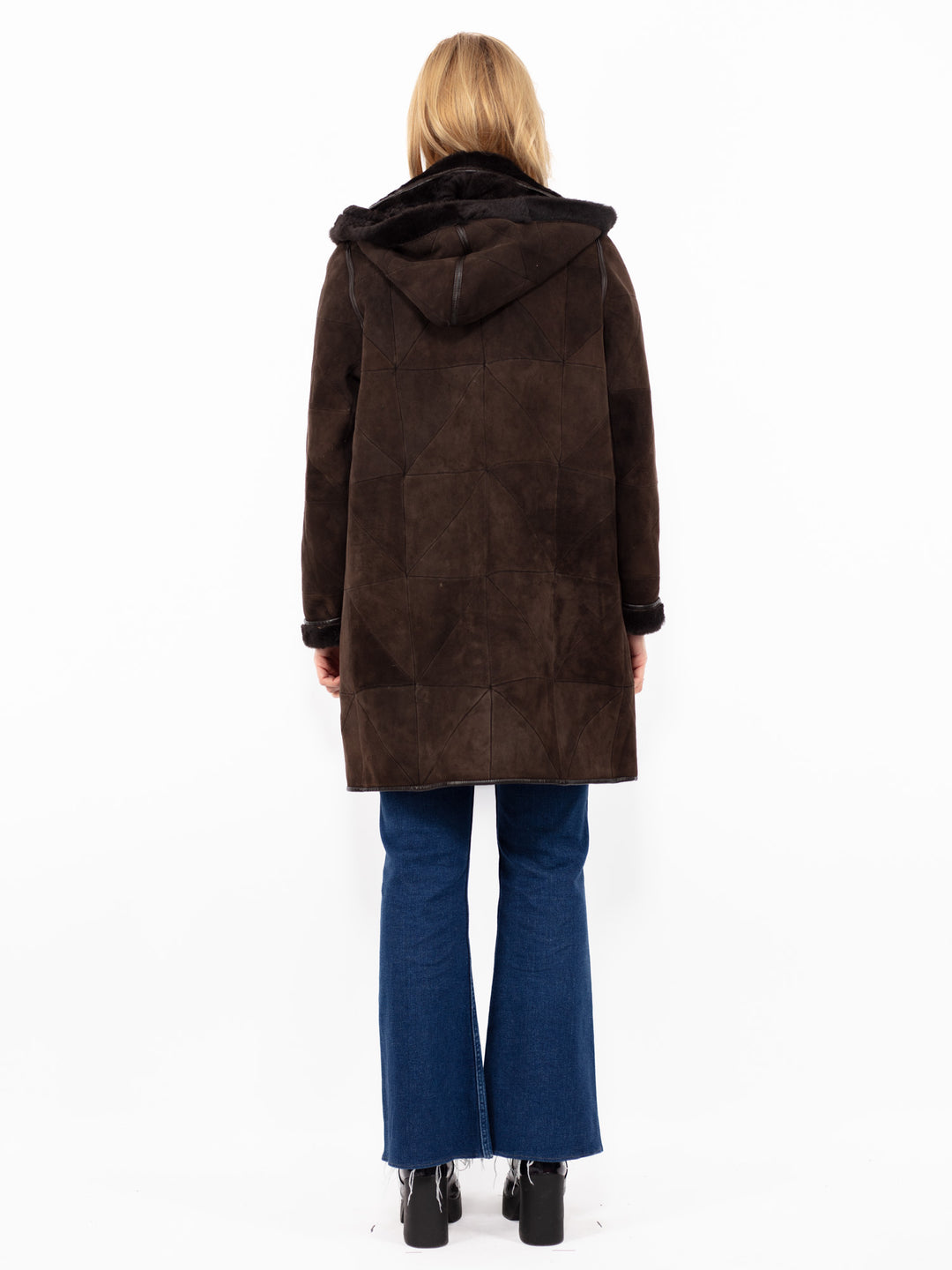 Vintage 90's Women Hooded Sheepskin Coat in Brown