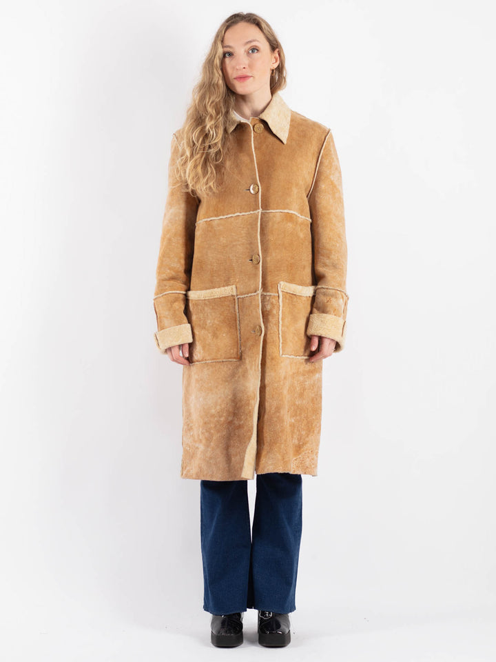 Vintage 90's Women Sheepskin Coat in Beige