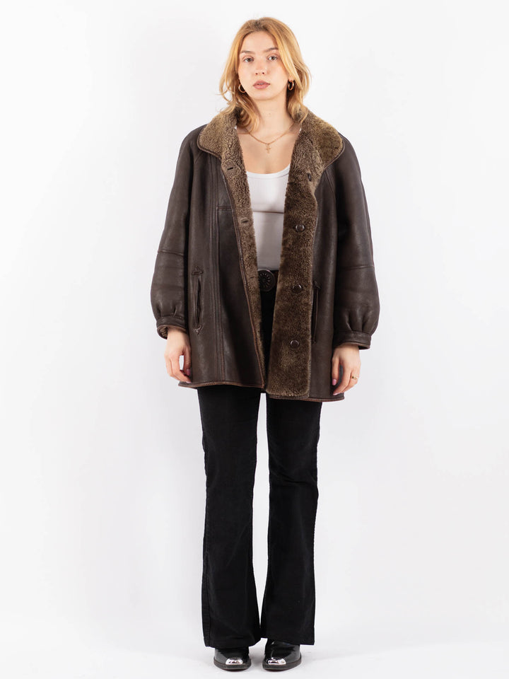 Vintage 90's Women Sheepskin Shearling Coat in BrownV9660