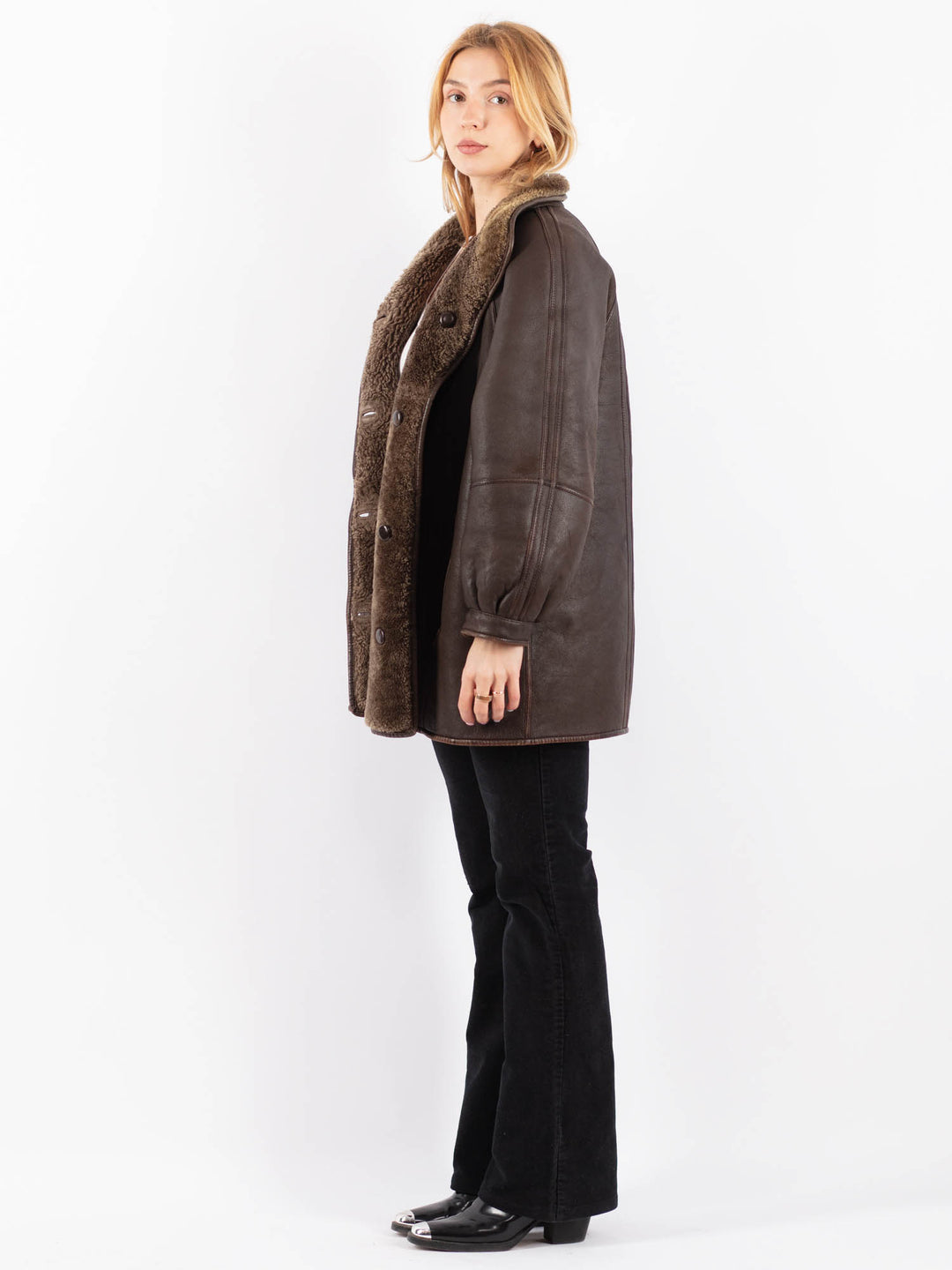 Vintage 90's Women Sheepskin Shearling Coat in BrownV9660