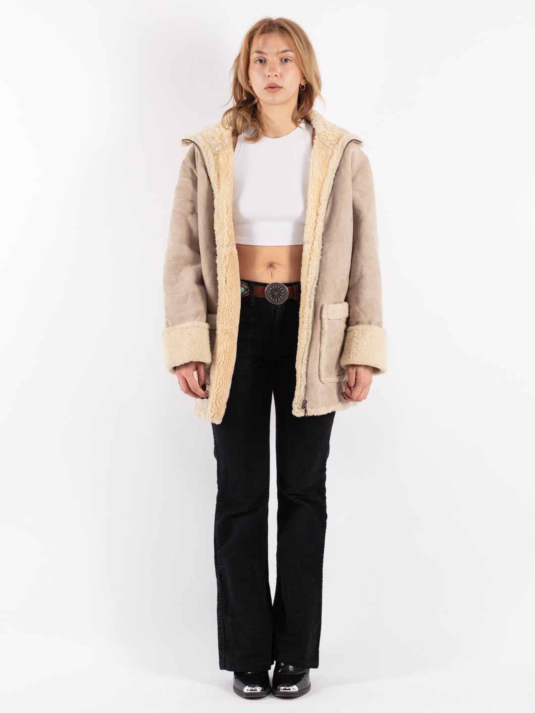 Vintage 90's Women Sheepskin Coat in Beige