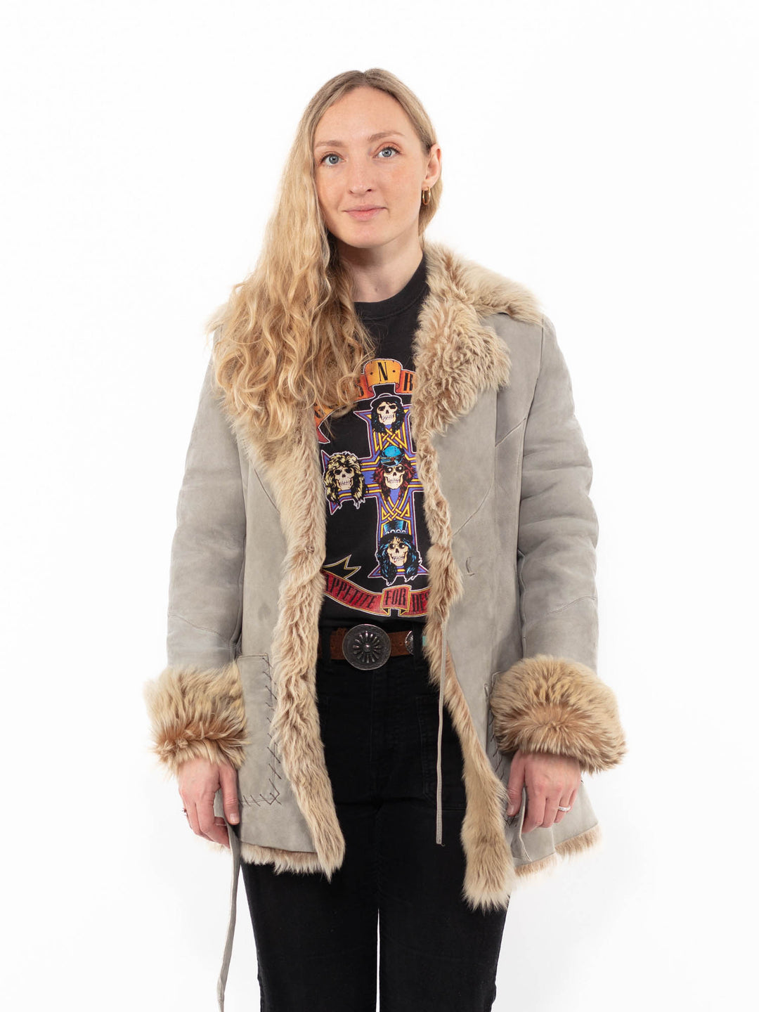 Vintage 90's Women Sheepskin Coat in GrayA0907