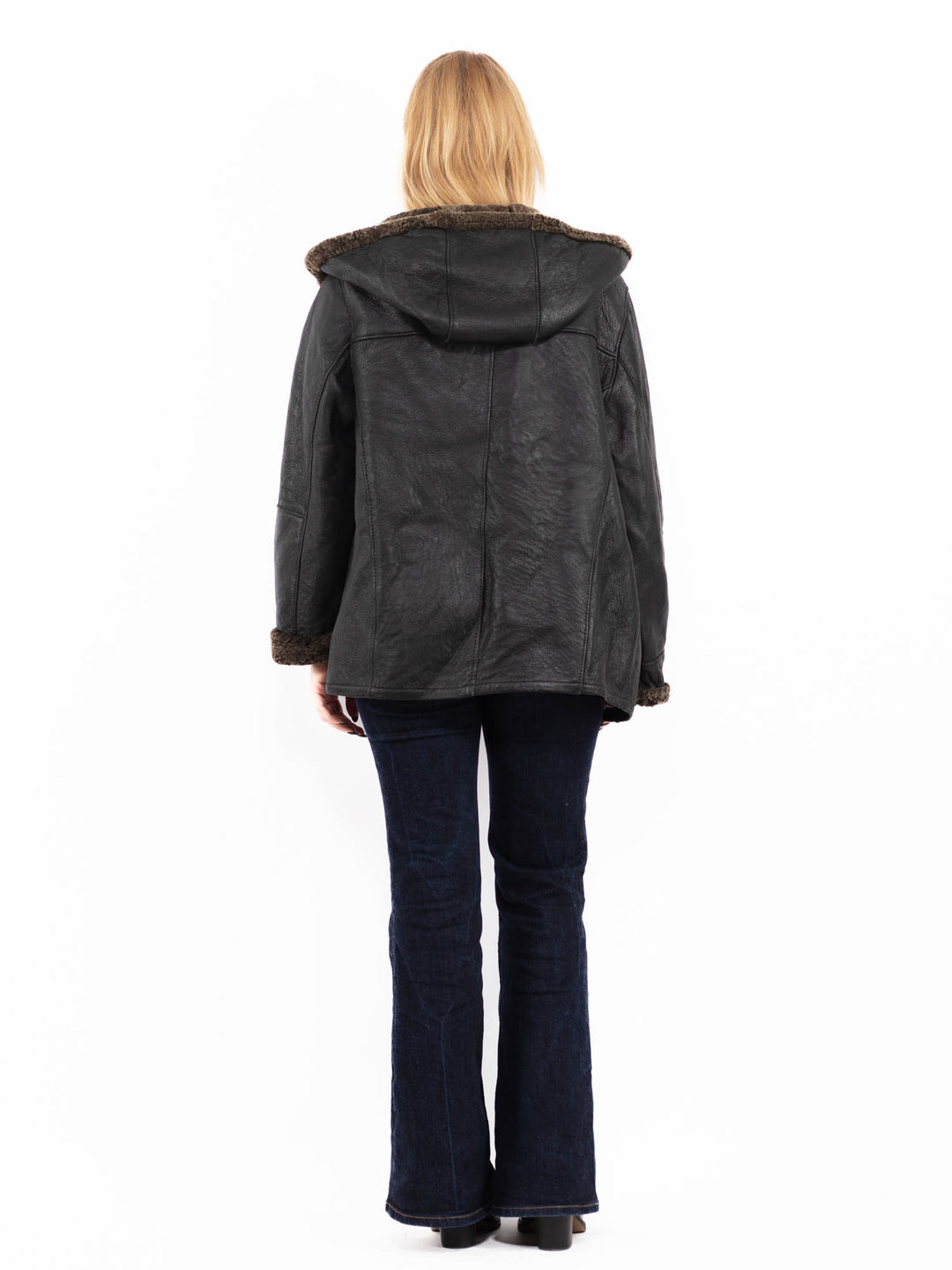 Vintage 90's Women Hooded Sheepskin Coat in Black