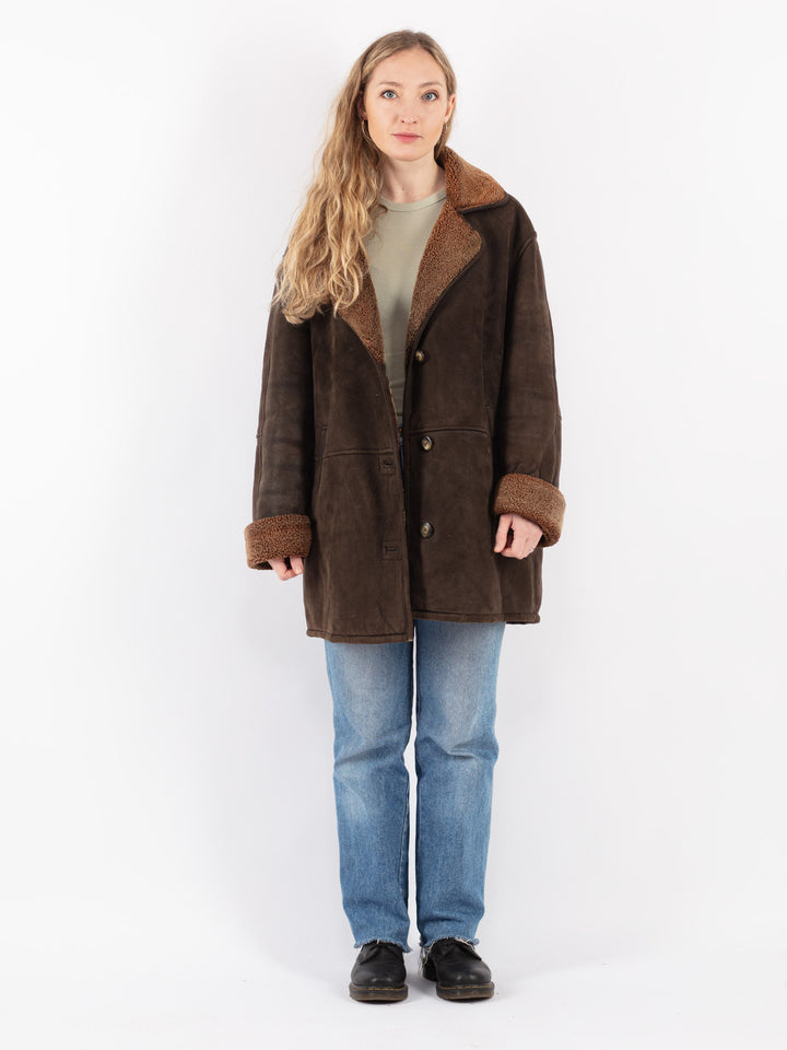 Vintage 90's Women Sheepskin Shearling Coat in Brown