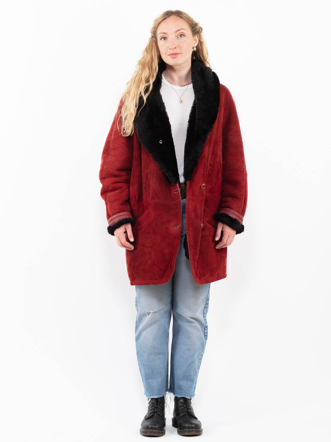 Vintage 90's Women Sheepskin Coat in RedA0280