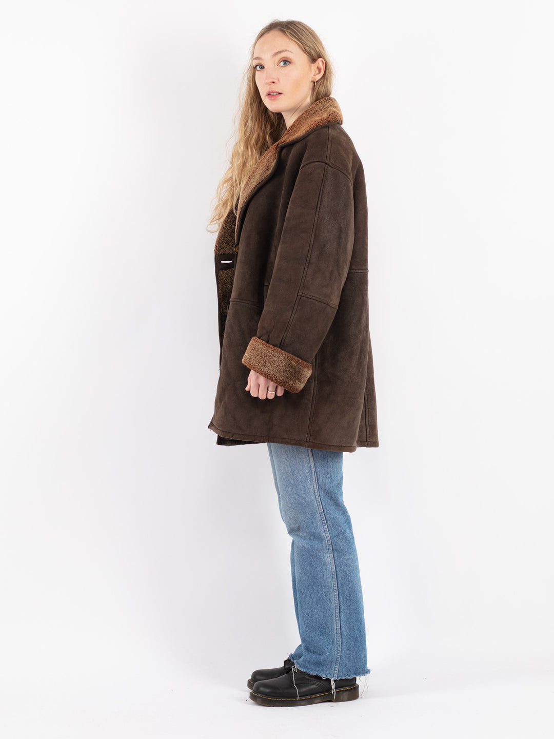 Vintage 90's Women Sheepskin Shearling Coat in Brown