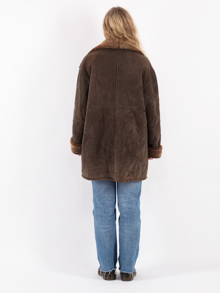 Vintage 90's Women Sheepskin Shearling Coat in Brown