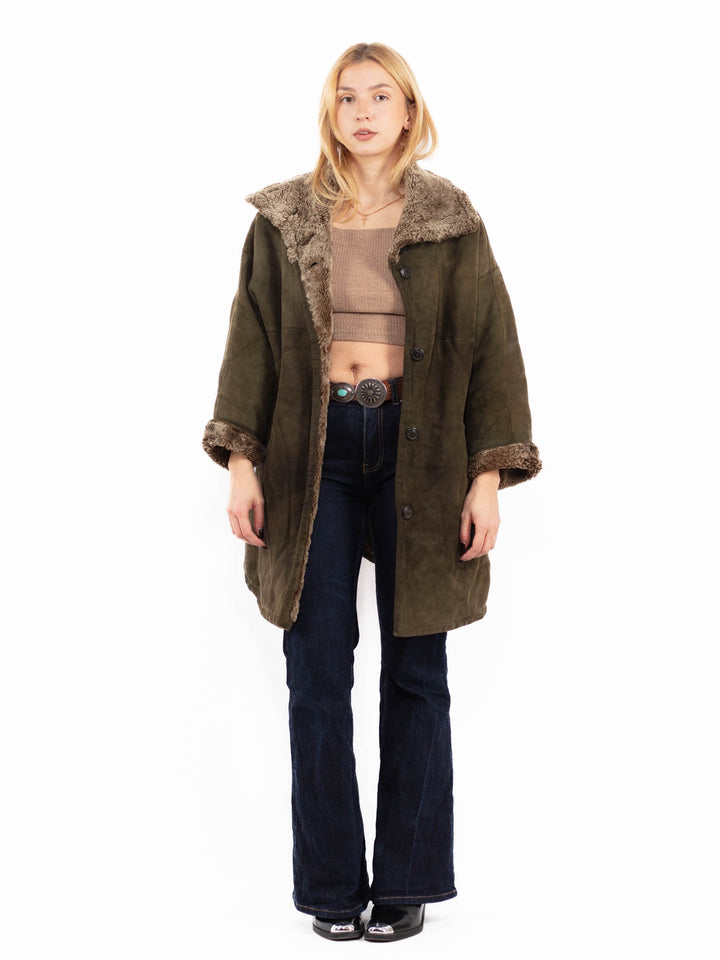 Vintage 90's Women Hooded Sheepskin Coat in Green