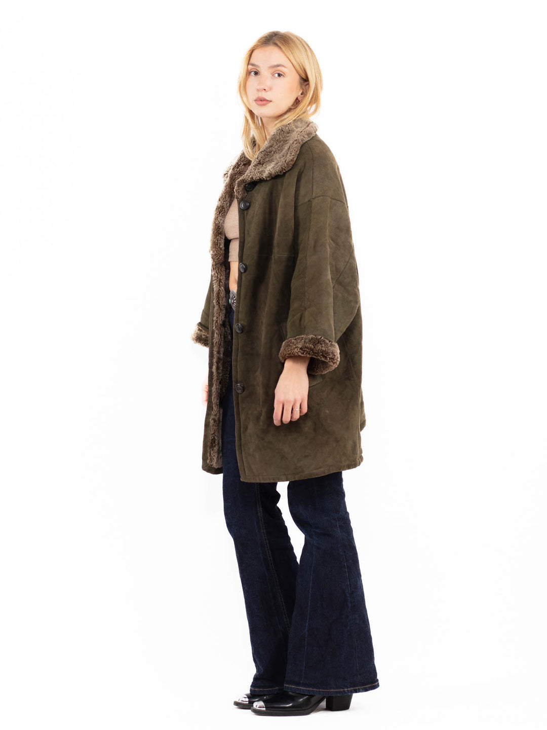 Vintage 90's Women Hooded Sheepskin Coat in Green