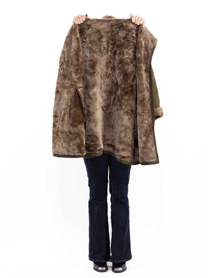 Vintage 90's Women Hooded Sheepskin Coat in Green