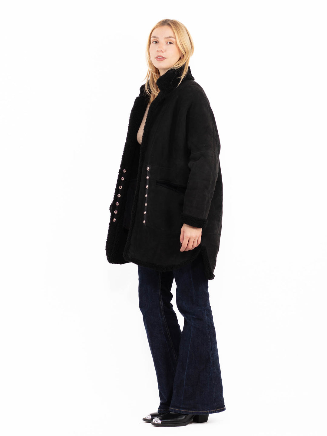 Vintage 90's Women Sheepskin Coat in Black