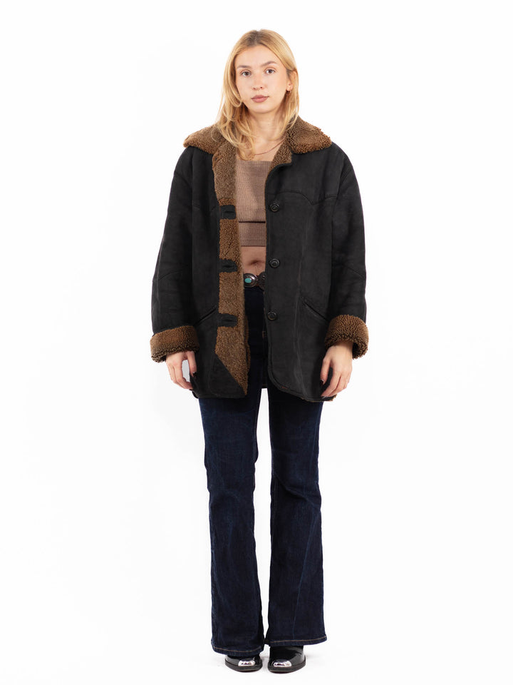 Vintage 90's Women Sheepskin Coat in Black