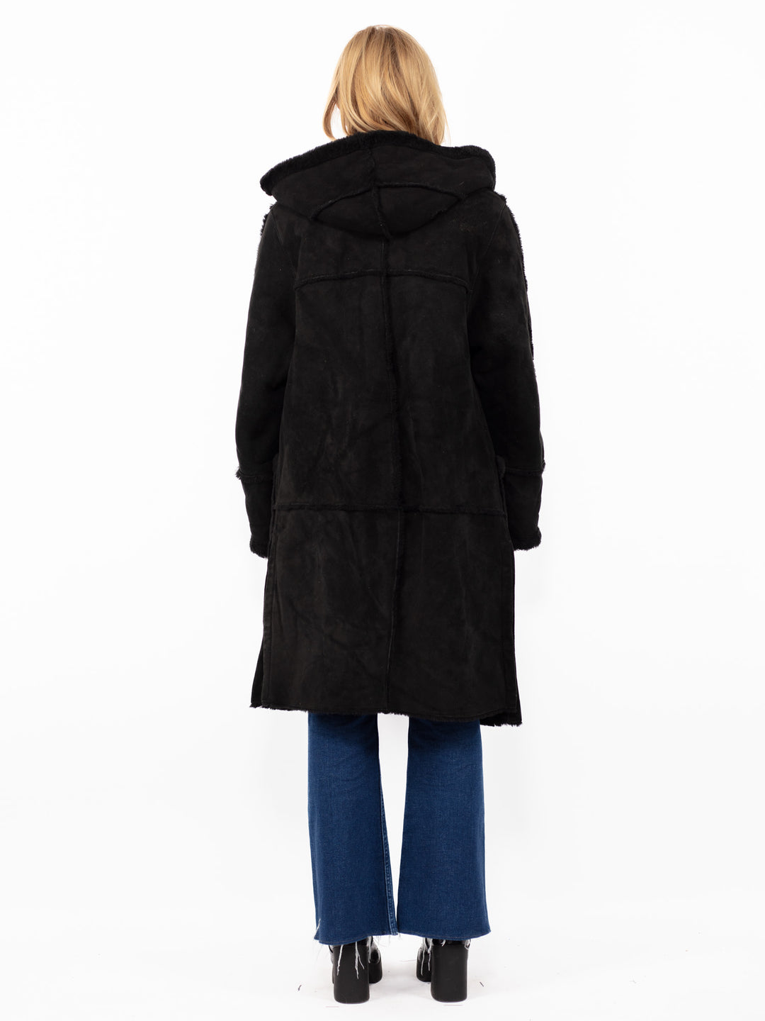 Vintage 90's Women Hooded Sheepskin Coat in Black