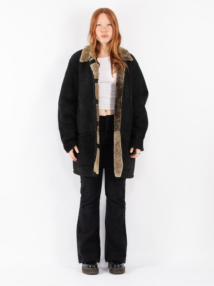 Vintage 90's Women Sheepskin Coat in Black