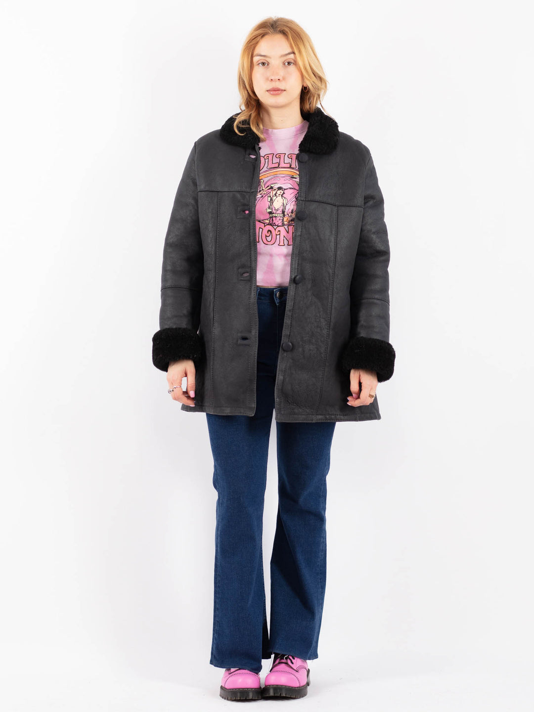 Vintage 90's Women Sheepskin Coat in BlackV9566