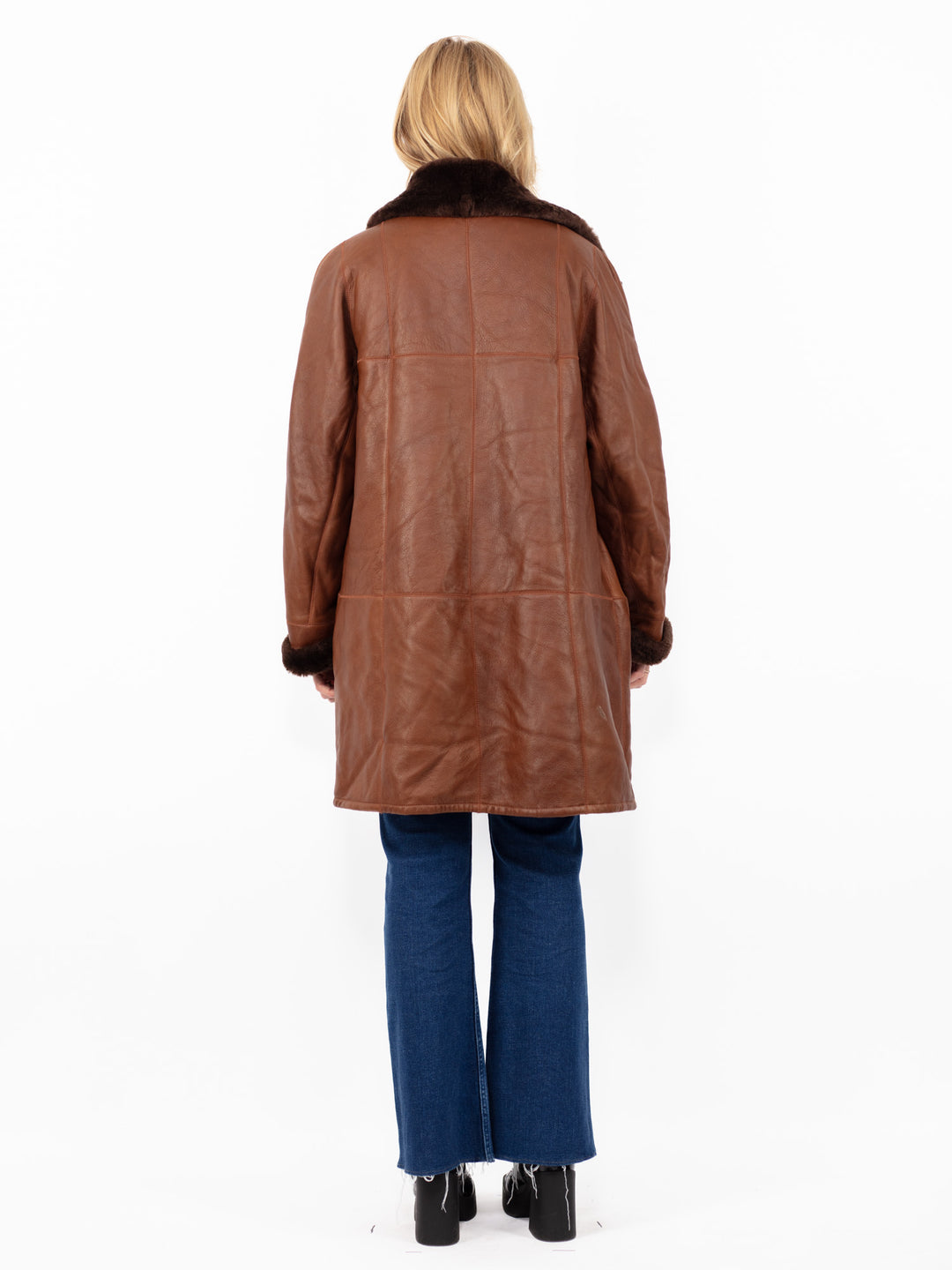 Vintage 90's Women Sheepskin Leather Coat in Brown